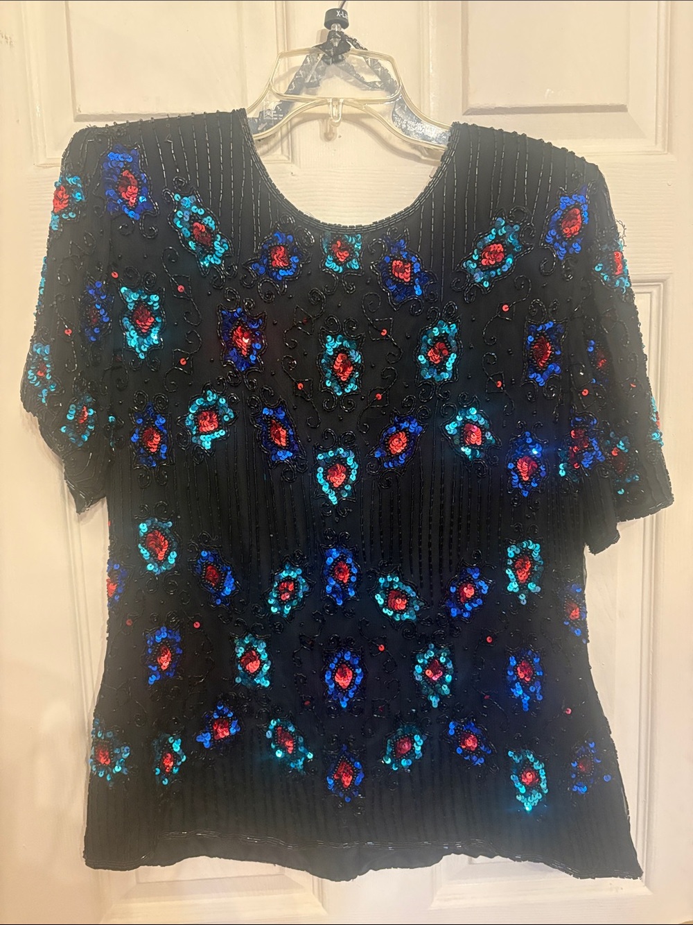 Stenay Black Short-Sleeve Sequin Floral Tee with Red and Blue Accents